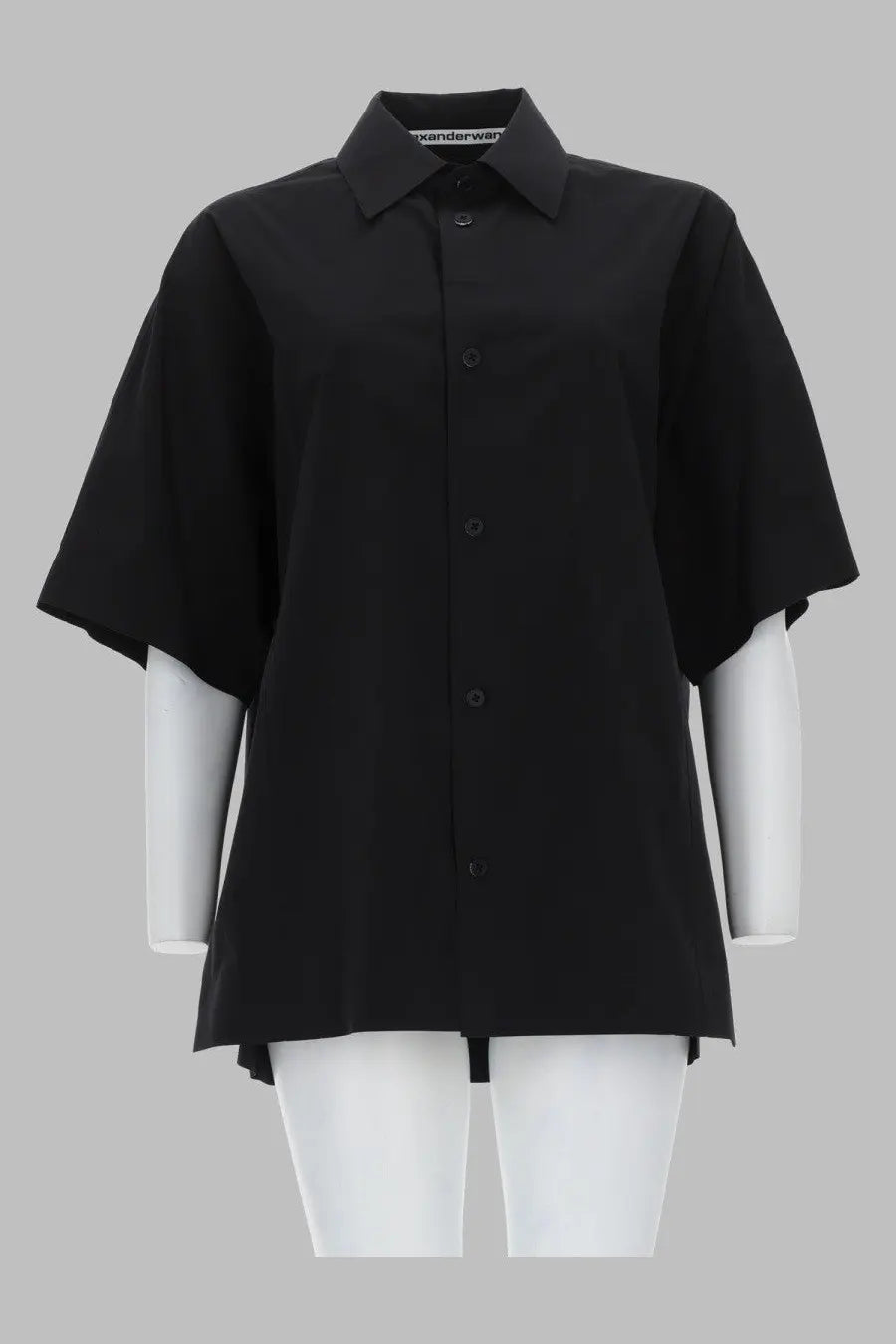 Black alexander mcqueen short-sleeved button-up shirt with classic collar and asymmetrical hem for women