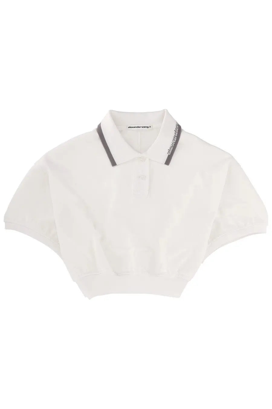 Alexanderwang women’s white cotton cropped polo shirt with ribbed collar and black and gray striped trim