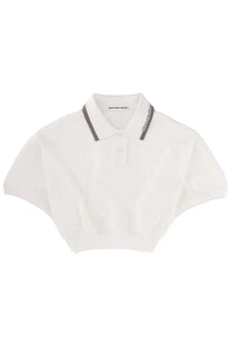 Alexanderwang women’s white cotton cropped polo shirt with ribbed collar and black and gray striped trim