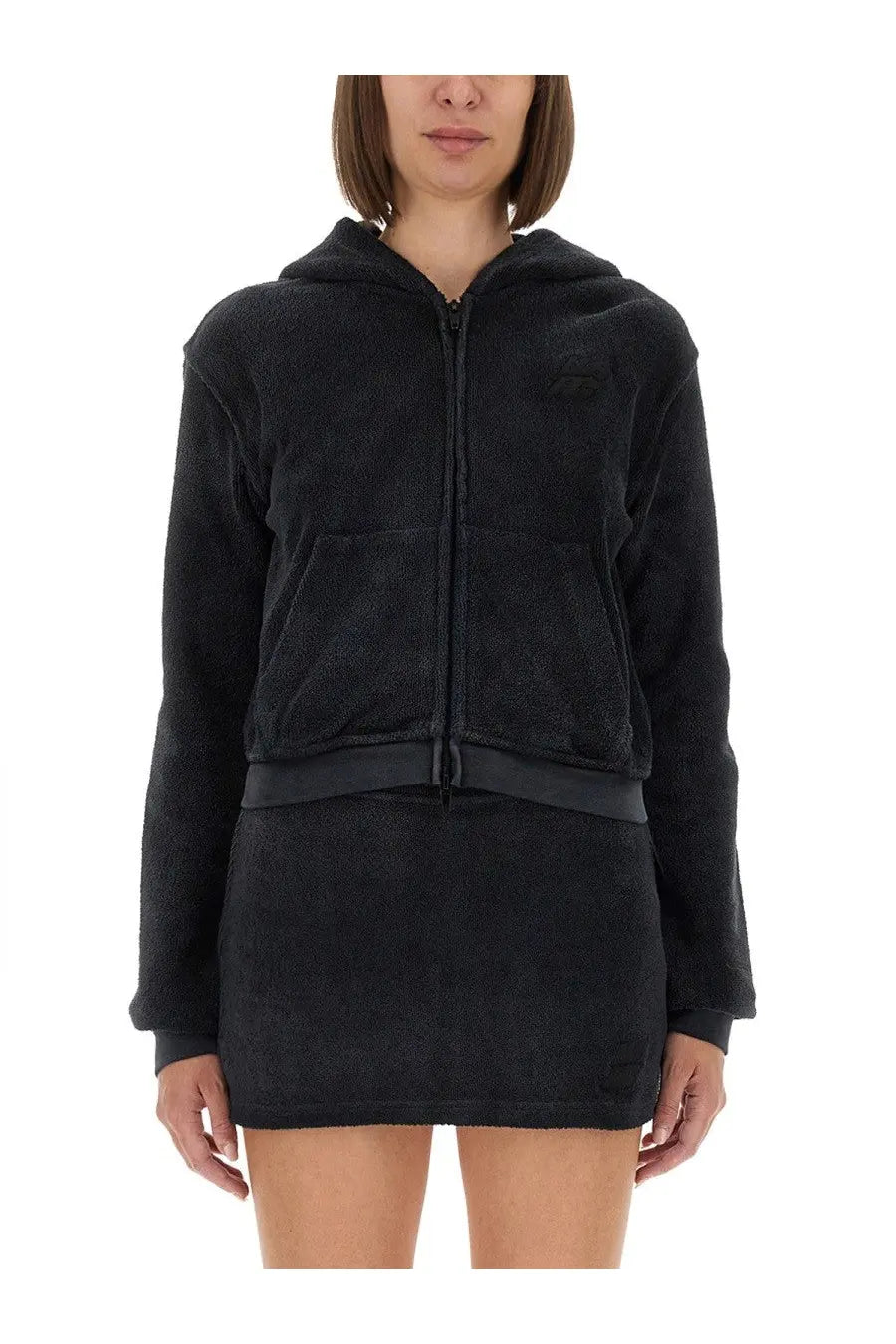 Alexanderwang women’s black cotton terry sweatshirt zip-up hoodie with textured velvety fabric and ribbed waistband