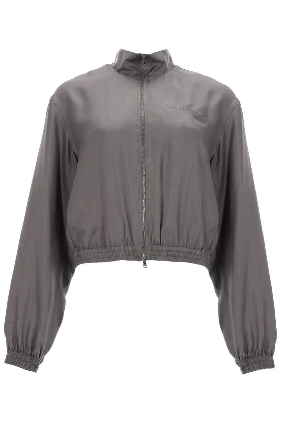 Alexanderwang women’s gray cropped bomber jacket with full-length zipper and elastic cuffs made from lightweight fabric