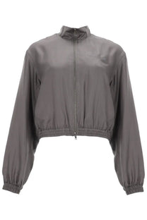 Alexanderwang women’s gray cropped bomber jacket with full-length zipper and elastic cuffs made from lightweight fabric