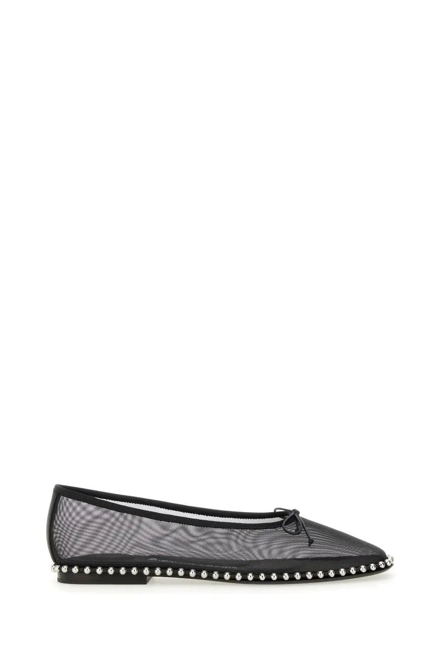 Alexanderwang women’s dancer lina black mesh ballet flat with delicate bow and silver studs along the edge
