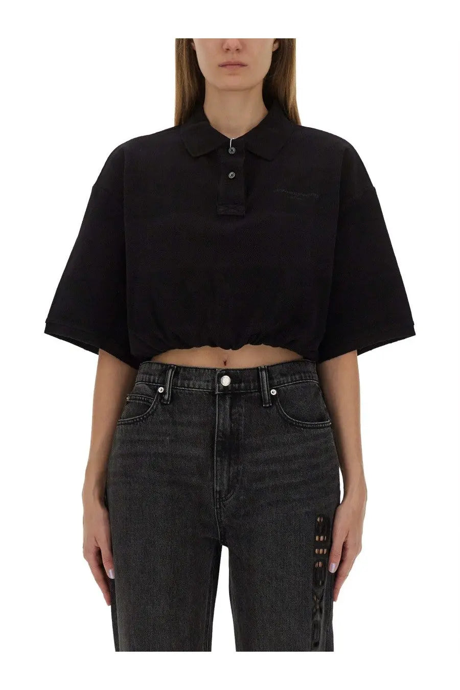 Alexanderwang women’s deconstructed black cropped polo shirt with short sleeves and buttoned collar in cotton blend