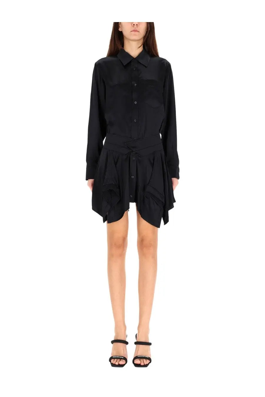 Alexanderwang women’s black long-sleeved button-up shirt dress with cinched waist and asymmetrical hemline