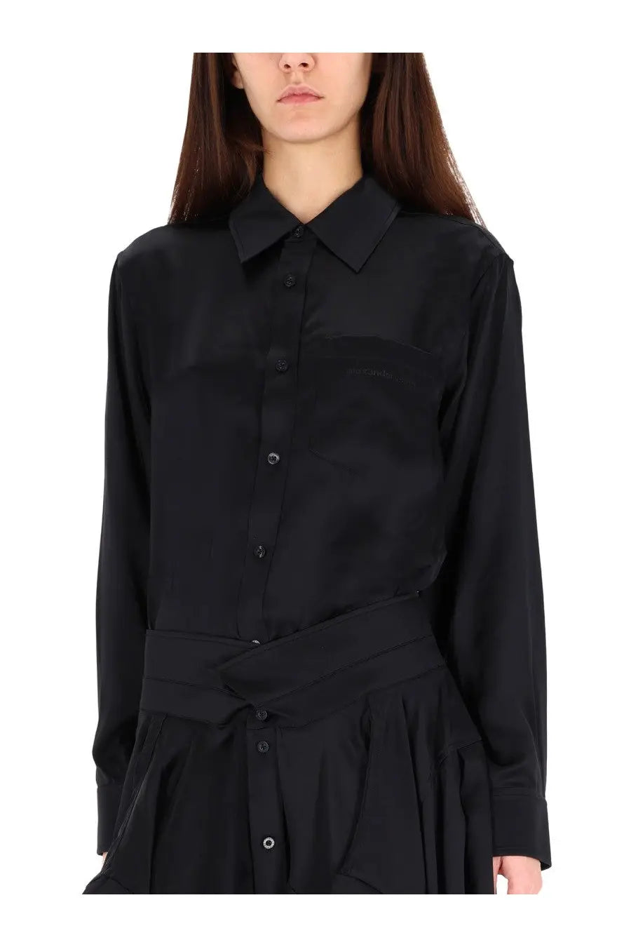 Alexanderwang women’s black satin button-down shirt dress with belted waist and subtle pleating