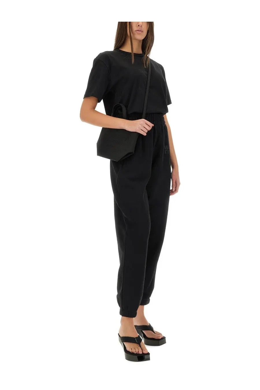 Black minimalist crossbody bag with structured silhouette and top handle from alexanderwang women’s essential shirt collection