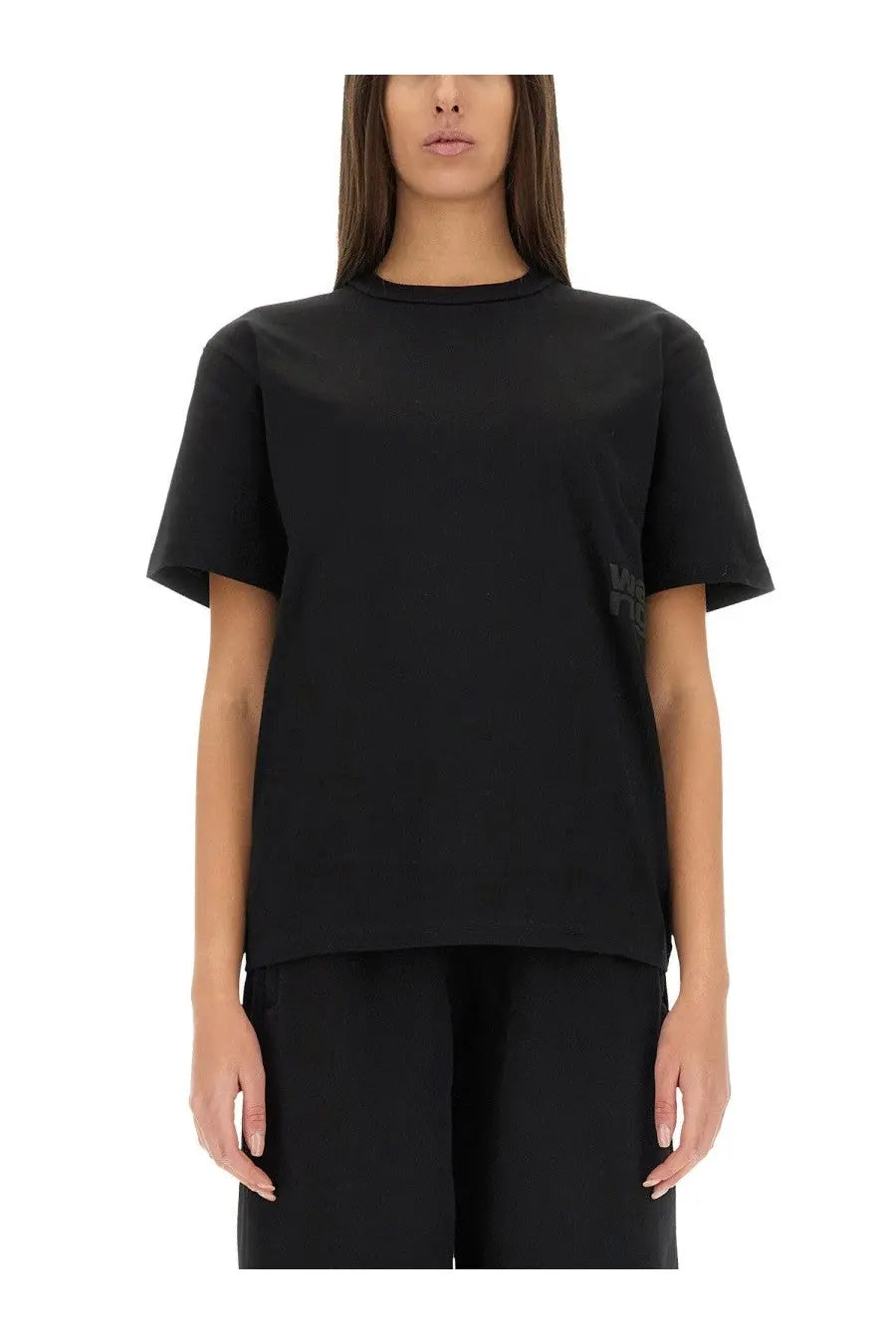 Alexanderwang women’s essential black short-sleeved t-shirt with subtle logo on the left sleeve