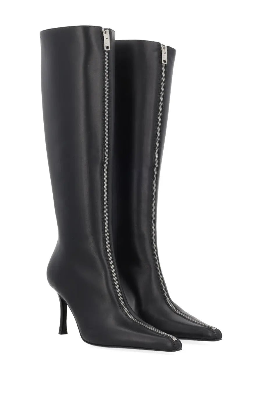 Alexanderwang women’s black leather knee-high heeled boots with sleek pointed toe and silver inner zipper detailing