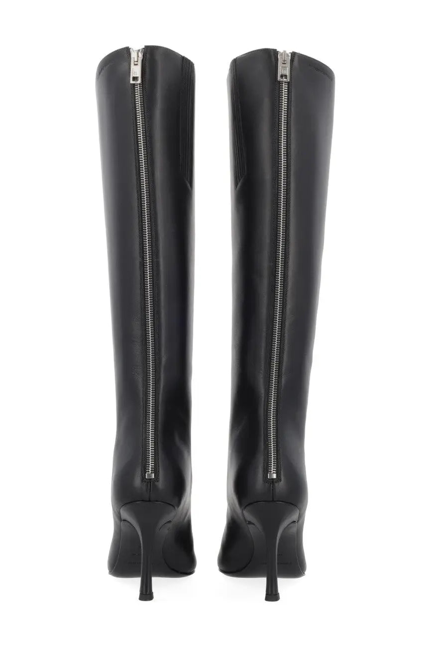 Back view of alexanderwang women’s heeled black leather knee-high boots with glossy finish and silver zippers