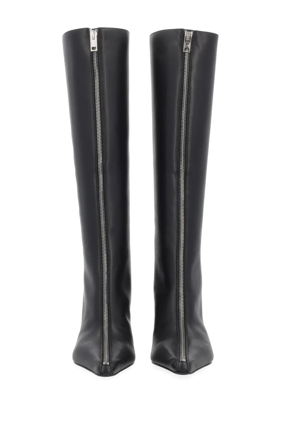 Alexanderwang women’s black leather heeled knee-high boots with sleek pointed toe and silver front zipper detailing