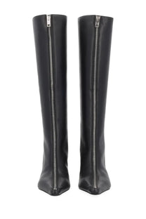 Alexanderwang women’s black leather heeled knee-high boots with sleek pointed toe and silver front zipper detailing