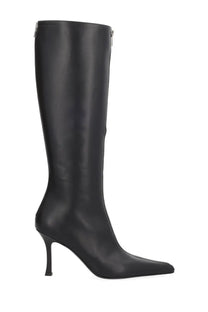Alexanderwang women’s black leather knee-high boot with slender stiletto heel and pointed toe