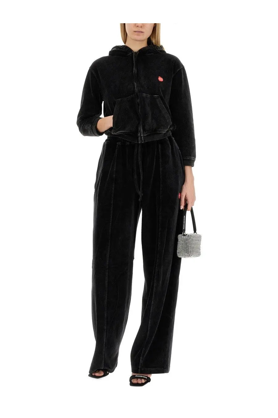 Alexanderwang women’s black velvet tracksuit with hood front zipper and small red logo on the chest
