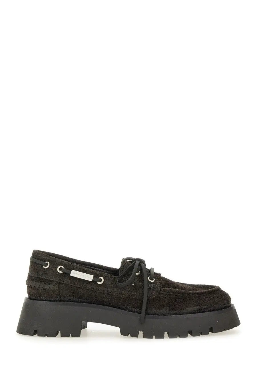Alexanderwang women’s moccasin Carson brown black suede boat shoe with chunky rubber sole and silver eyelets