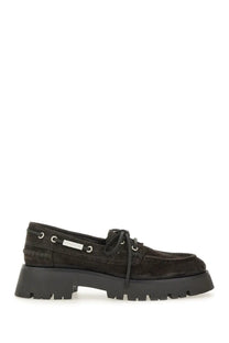 Alexanderwang women’s moccasin Carson brown black suede boat shoe with chunky rubber sole and silver eyelets