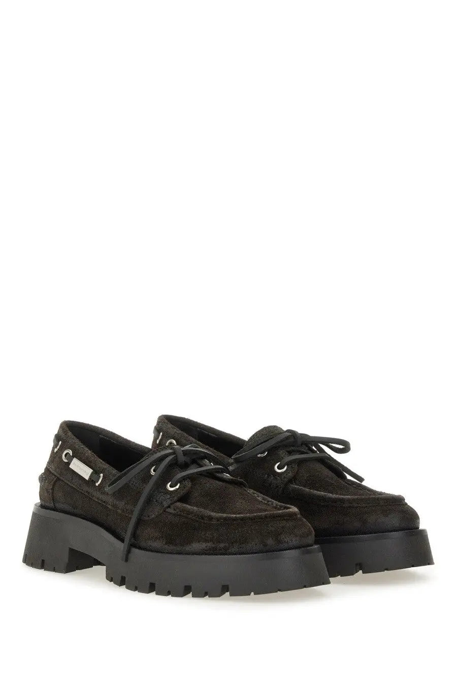 Alexanderwang women’s black suede moccasin boat shoes with chunky rubber soles and silver eyelets