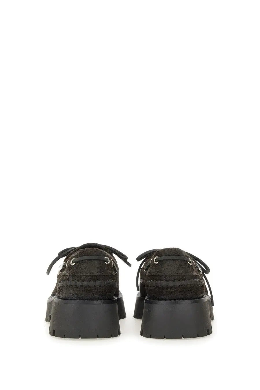Black suede alexanderwang women’s moccasin loafers with chunky soles and silver eyelets in Carson brown