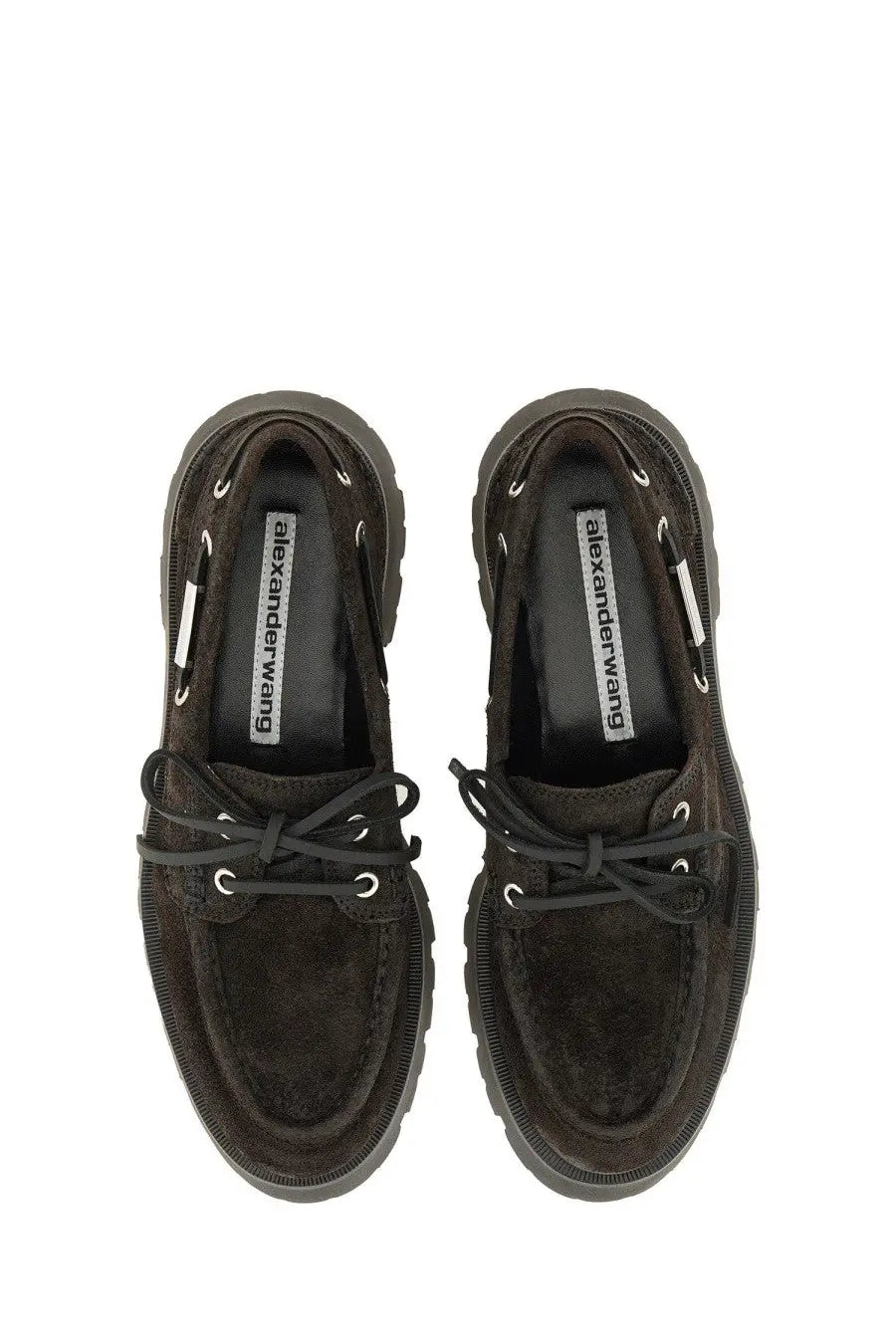 Alexanderwang women’s moccasin carson brown dark brown suede boat shoes with black laces silver eyelets and chunky sole