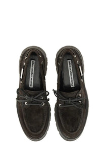 Alexanderwang women’s moccasin carson brown dark brown suede boat shoes with black laces silver eyelets and chunky sole