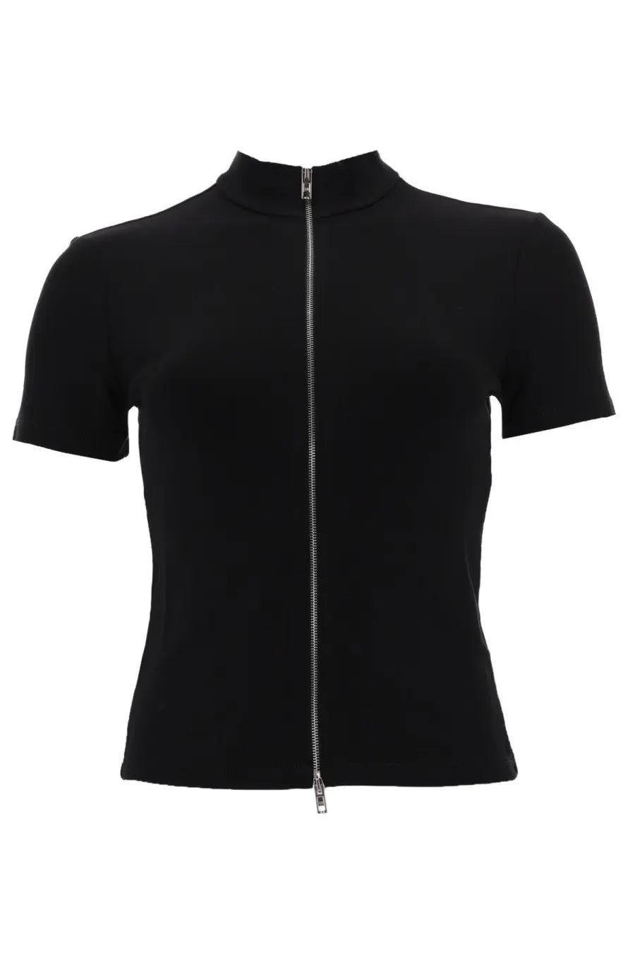 Alexanderwang women’s black rashguard top with short sleeves high neckline and front zipper for activewear