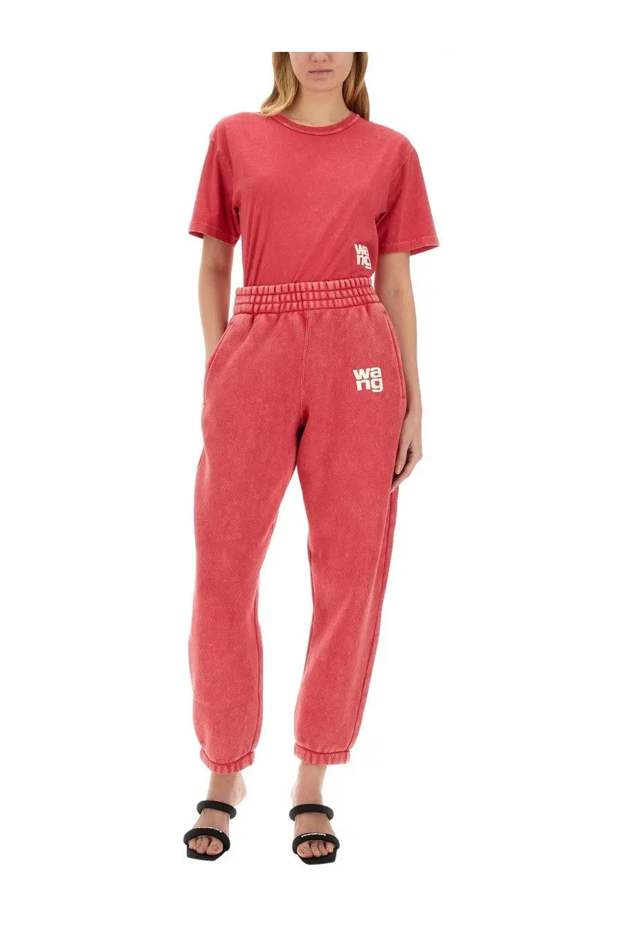 Alexanderwang women’s shirt blue paired with coral relaxed-fit sweatpants set featuring drawstring waistband and cuffed hems