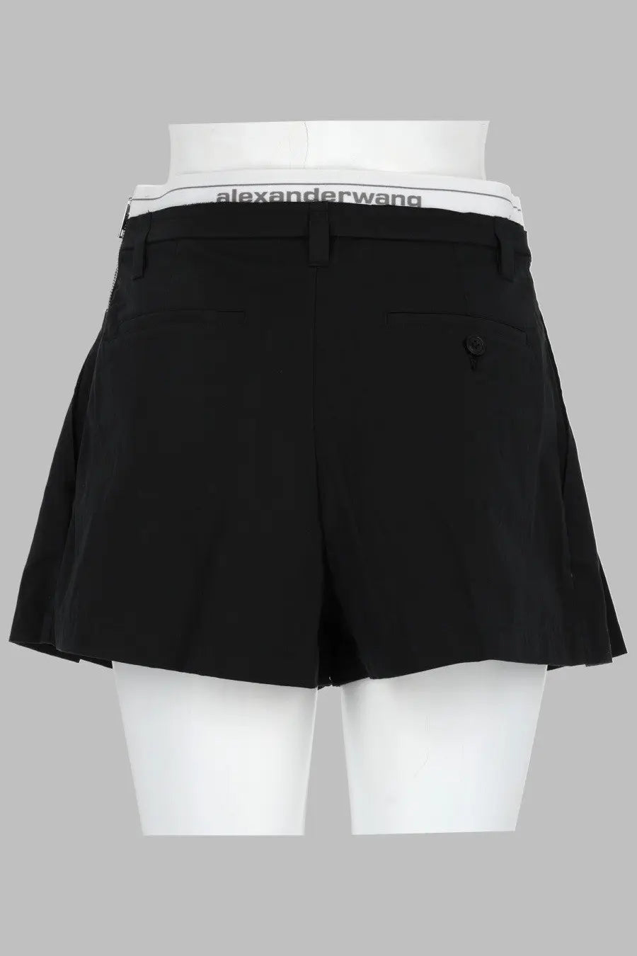 Alexanderwang women’s black pleated shorts with a white elastic waistband featuring the alexanderwang logo in black text
