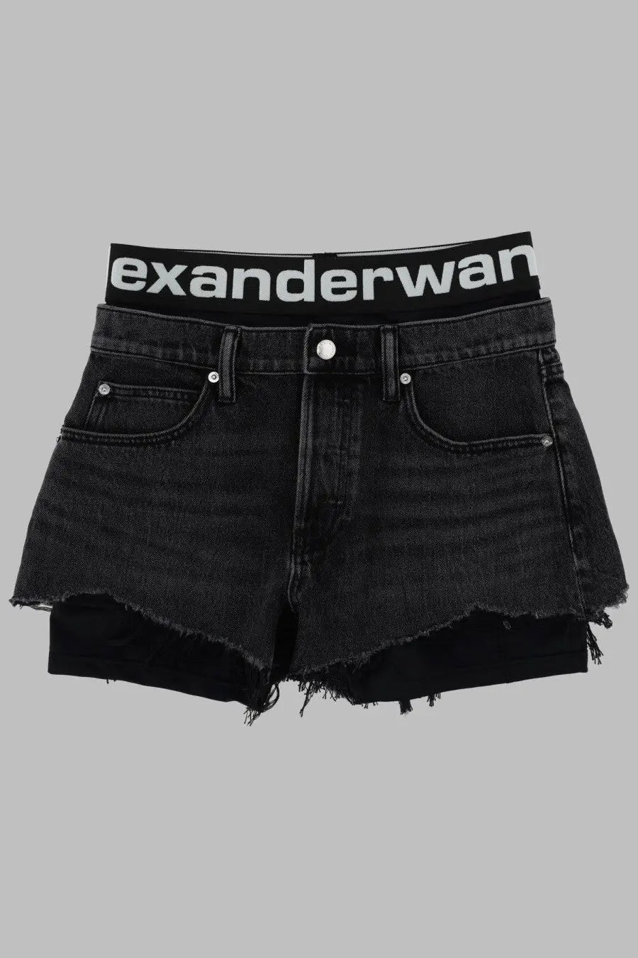 Alexanderwang women’s denim shorts con grey with black frayed hem and elastic waistband featuring alexanderwang logo