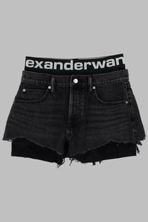 Alexanderwang women’s denim shorts con grey with black frayed hem and elastic waistband featuring alexanderwang logo