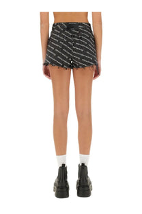 Alexanderwang women’s grey denim shorts with frayed hem and repeating white logo print on black fabric