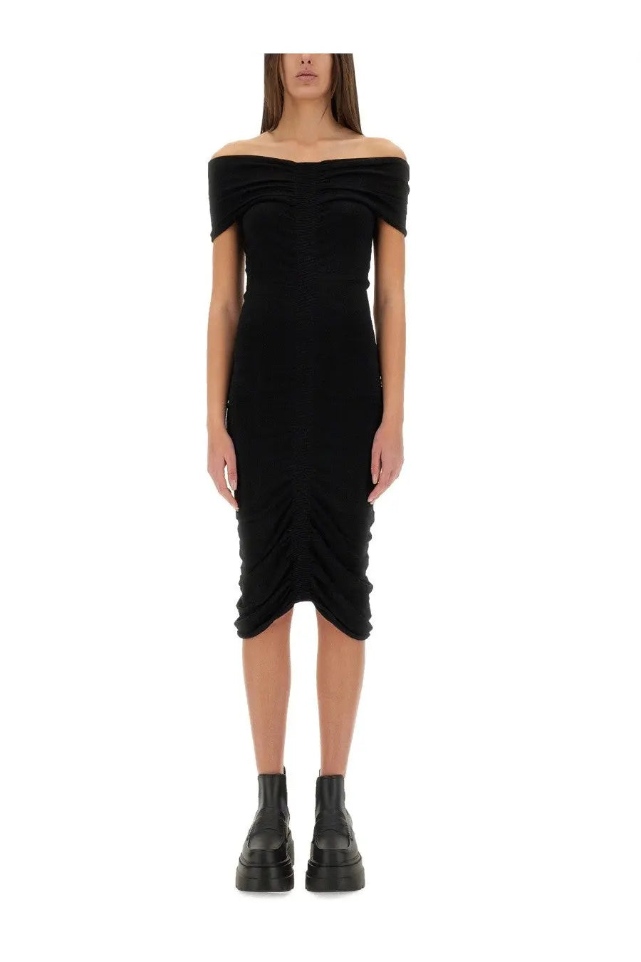 Alexanderwang women’s black off the shoulder midi dress with ruched detailing and fitted silhouette