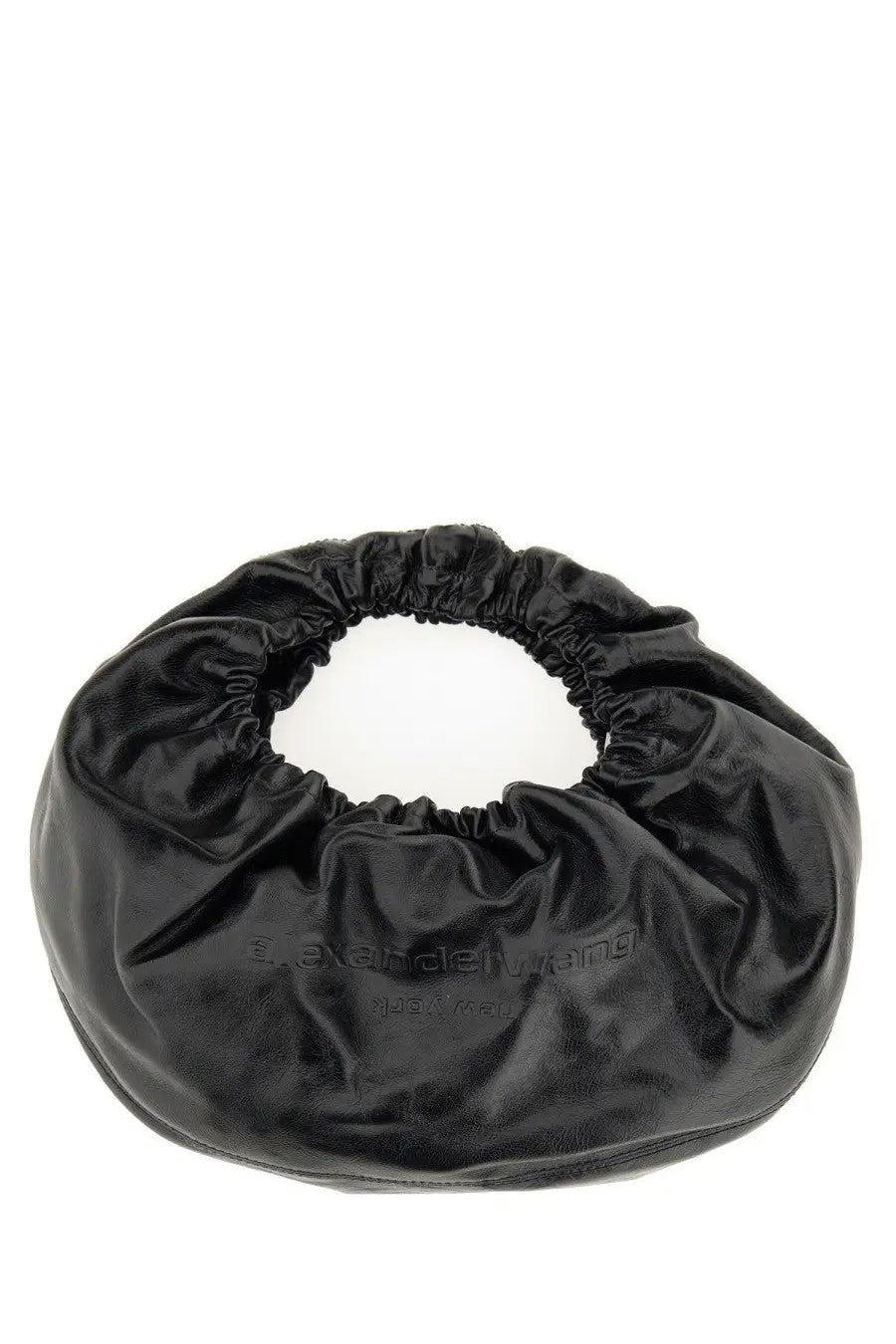 Black glossy leather alexanderwang women’s small crescent hobo bag with gathered top and embossed branding