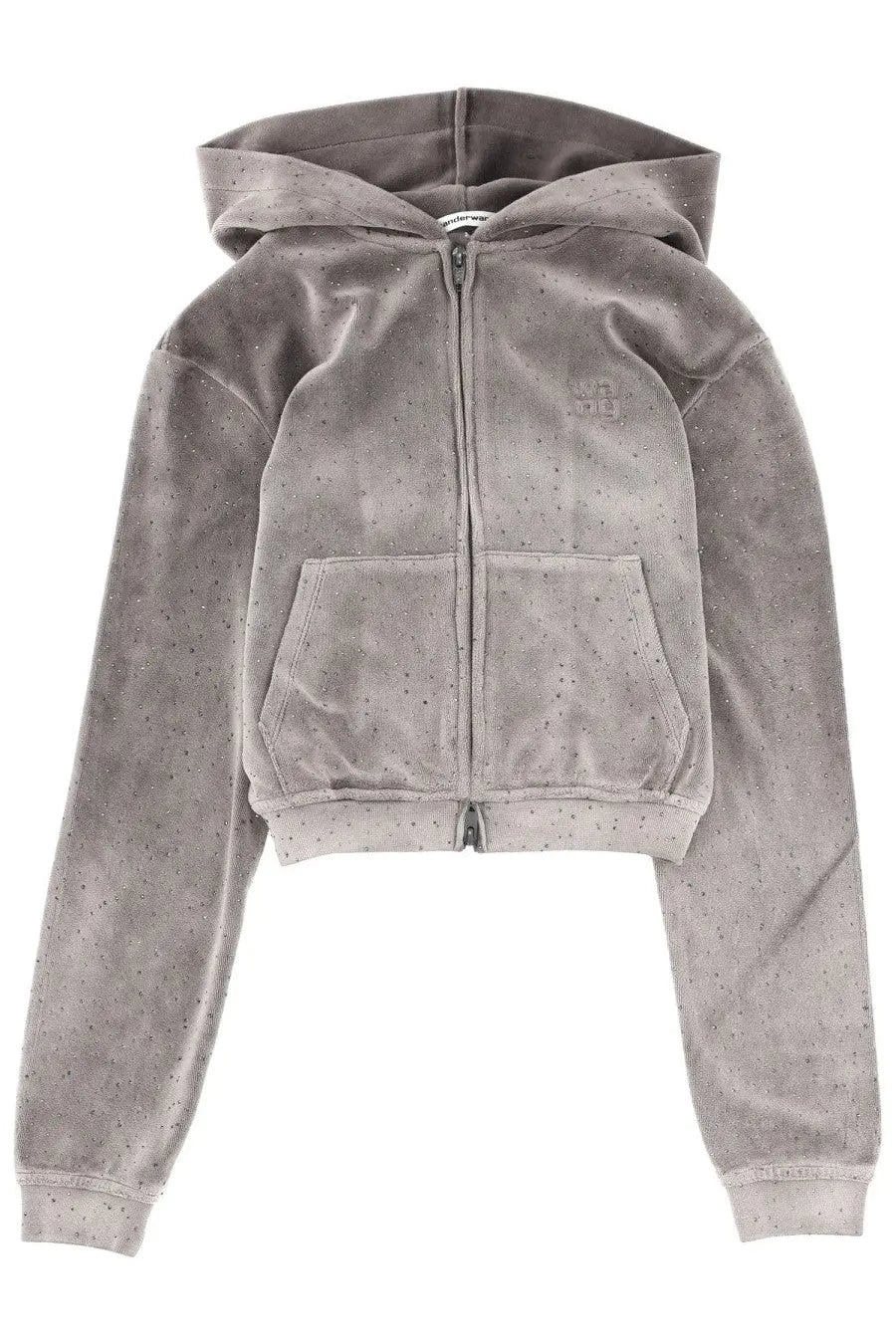 Gray velvet zip-up hoodie with subtle dot pattern and front pockets from alexanderwang womens sweatshirt grey collection