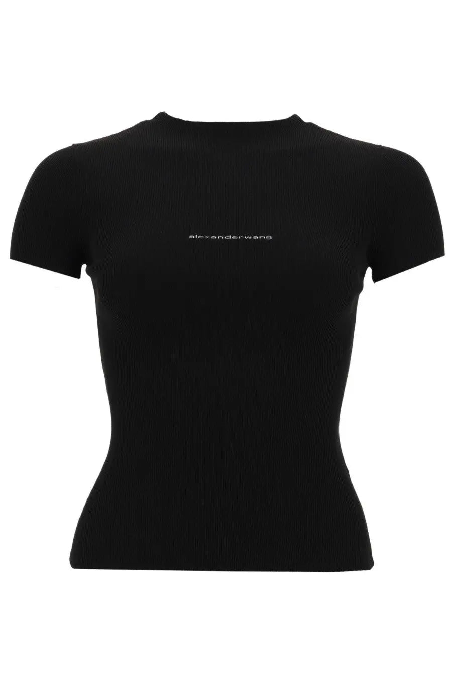 Alexanderwang women’s black ribbed short sleeve top with subtle embroidered alexanderwang logo on the chest