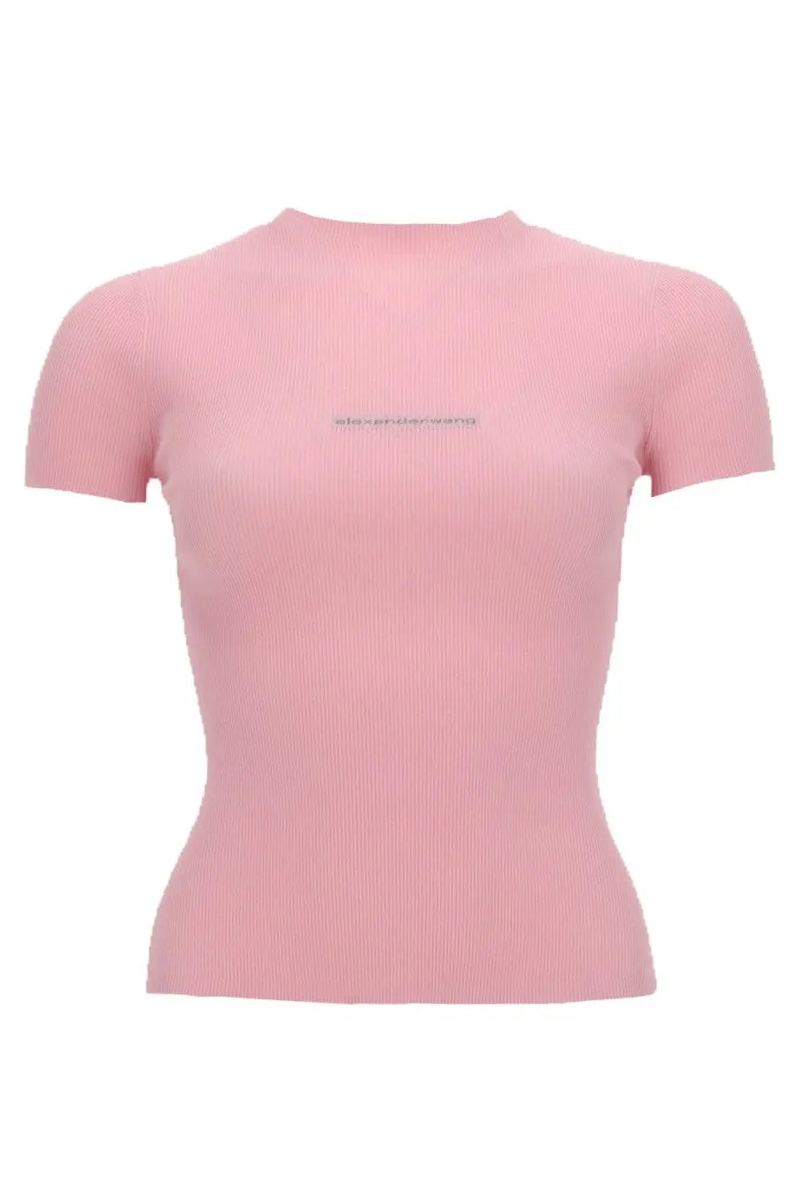Alexanderwang women’s soft pink ribbed knit short-sleeved top with subtle embroidered brand logo on chest