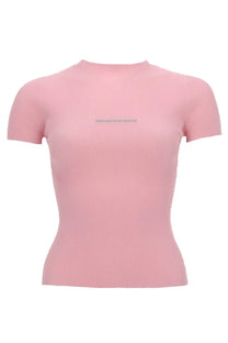 Alexanderwang women’s soft pink ribbed knit short-sleeved top with subtle embroidered brand logo on chest