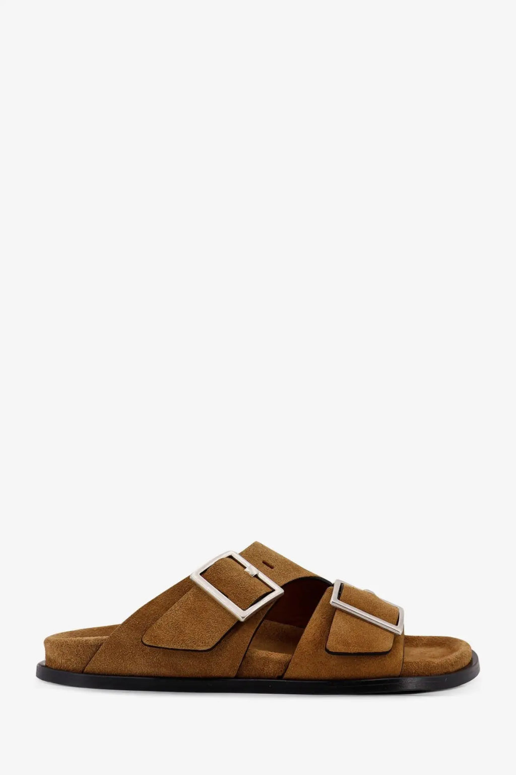 Alohas women’s alba suede sandals beige tan slide with two silver buckle straps and black rubber sole