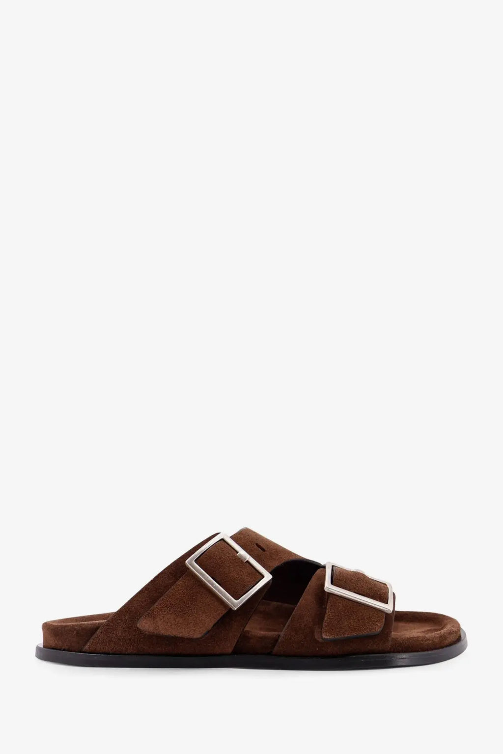 Alohas women’s alba suede sandals brown with two silver buckle straps and a black rubber sole slide sandal
