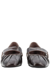 Alohas women’s ballerina bargo brown dark brown leather ballet flats with pleated design and instep strap