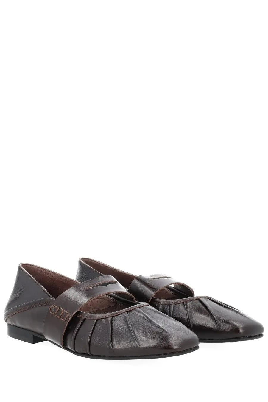 Alohas women’s ballerina bargo brown dark brown leather loafers with pleated front and single instep strap