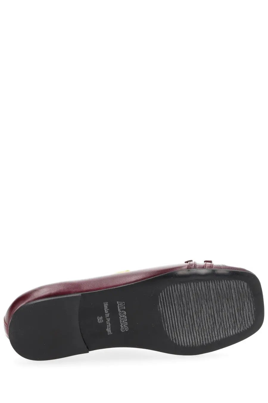Alohas women’s ballerina Cendana red burgundy patent leather loafer with black rubber sole and subtle stitching details