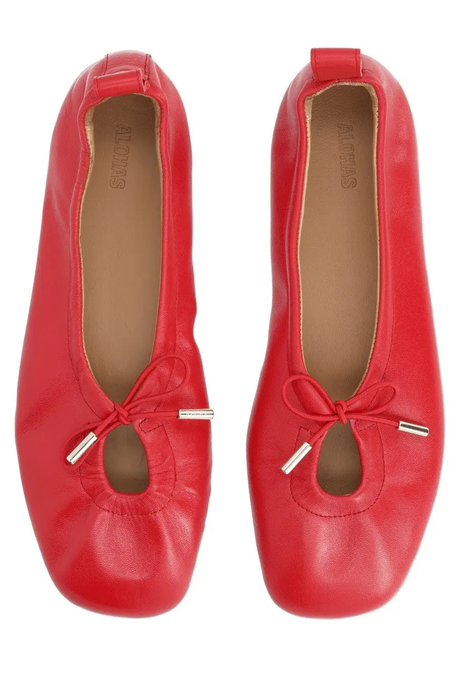 Alohas women’s ballerina Rosalind red leather ballet flats with square toe and silver metal bow accents