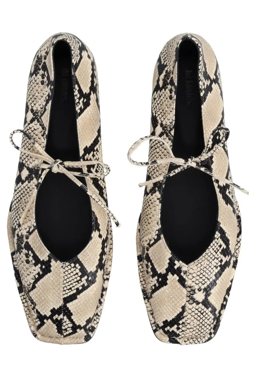 Alohas women’s ballerina sway indo pattern beige and black snake-print flat shoes with tied laces