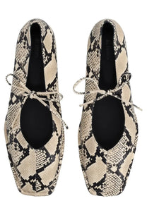 Alohas women’s ballerina sway indo pattern beige and black snake-print flat shoes with tied laces