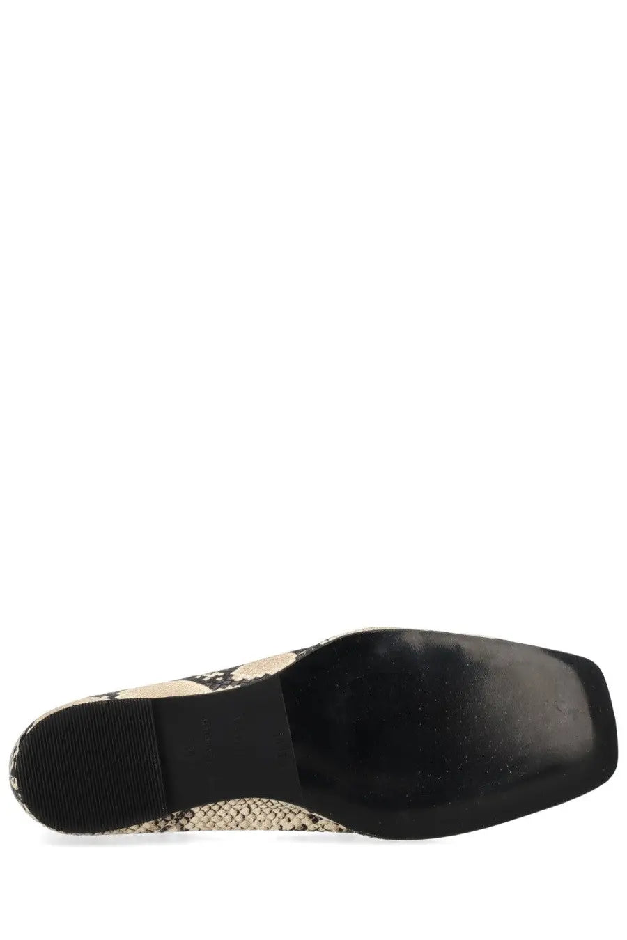 Alohas women’s ballerina sway flat shoe with black and beige snake print and a square heel design