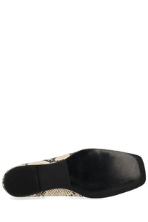 Alohas women’s ballerina sway flat shoe with black and beige snake print and a square heel design