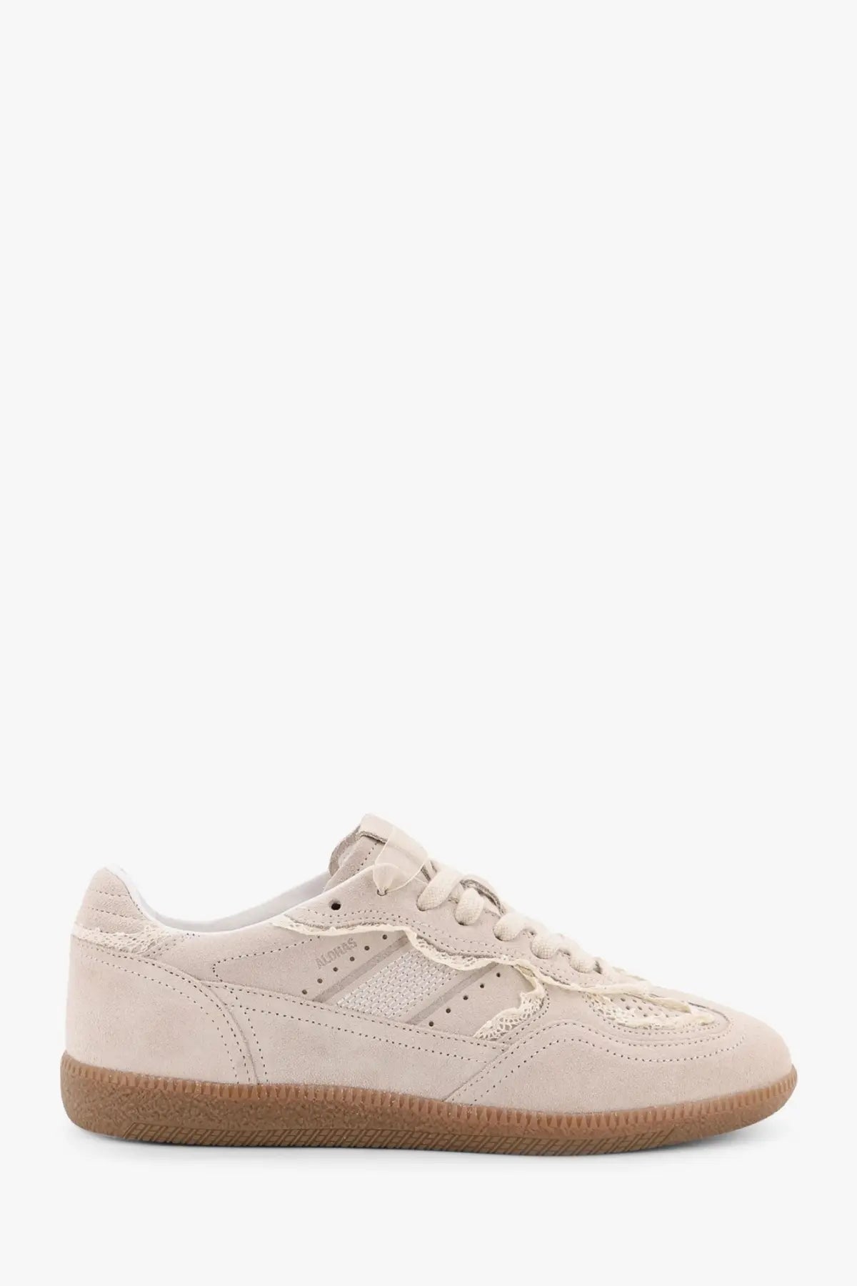 Alohas women’s crochet beige suede sneaker with lace-up design and tan rubber sole
