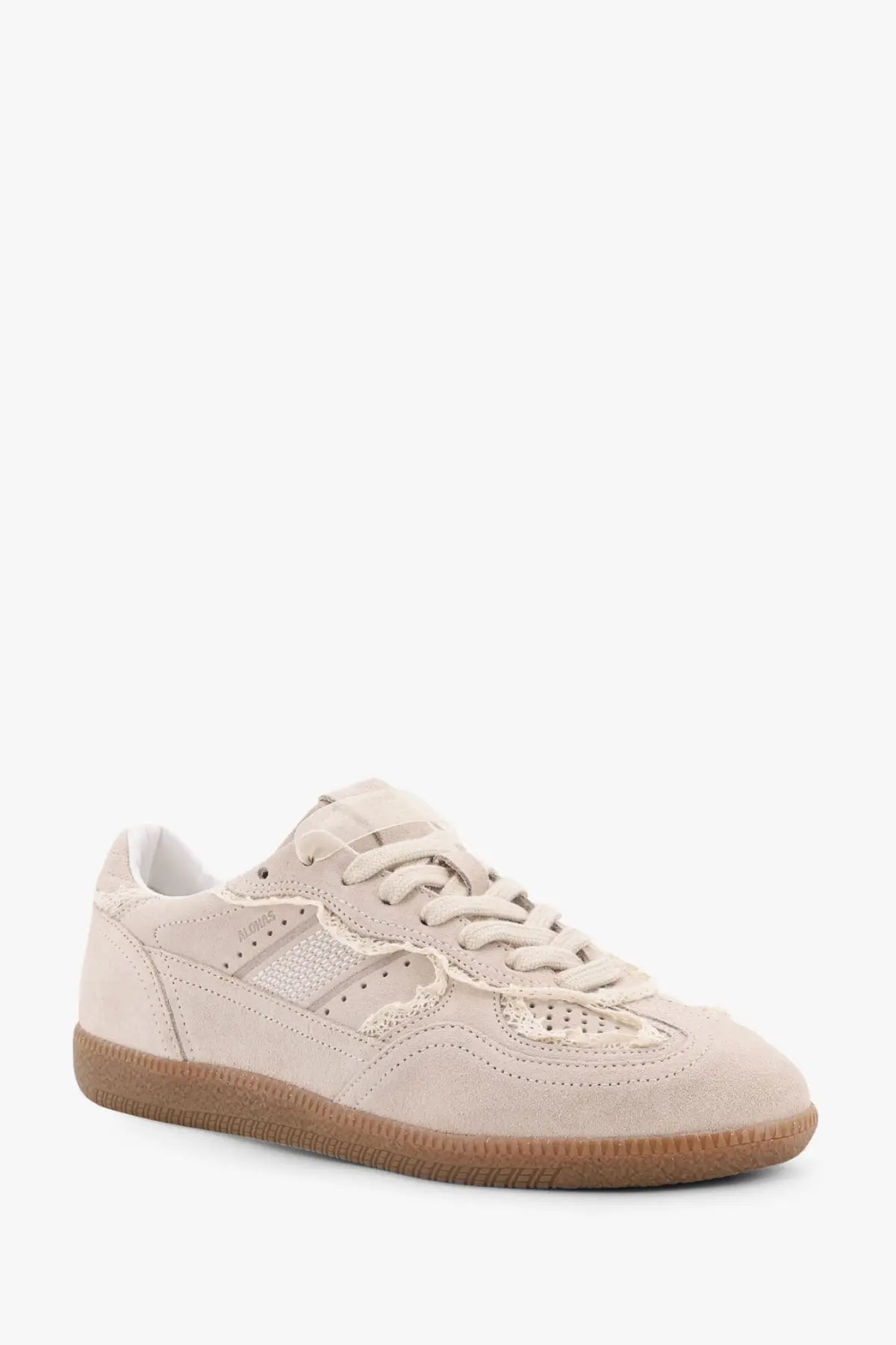 Alohas women’s crochet suede sneaker in beige with perforated mesh panels and tan rubber sole