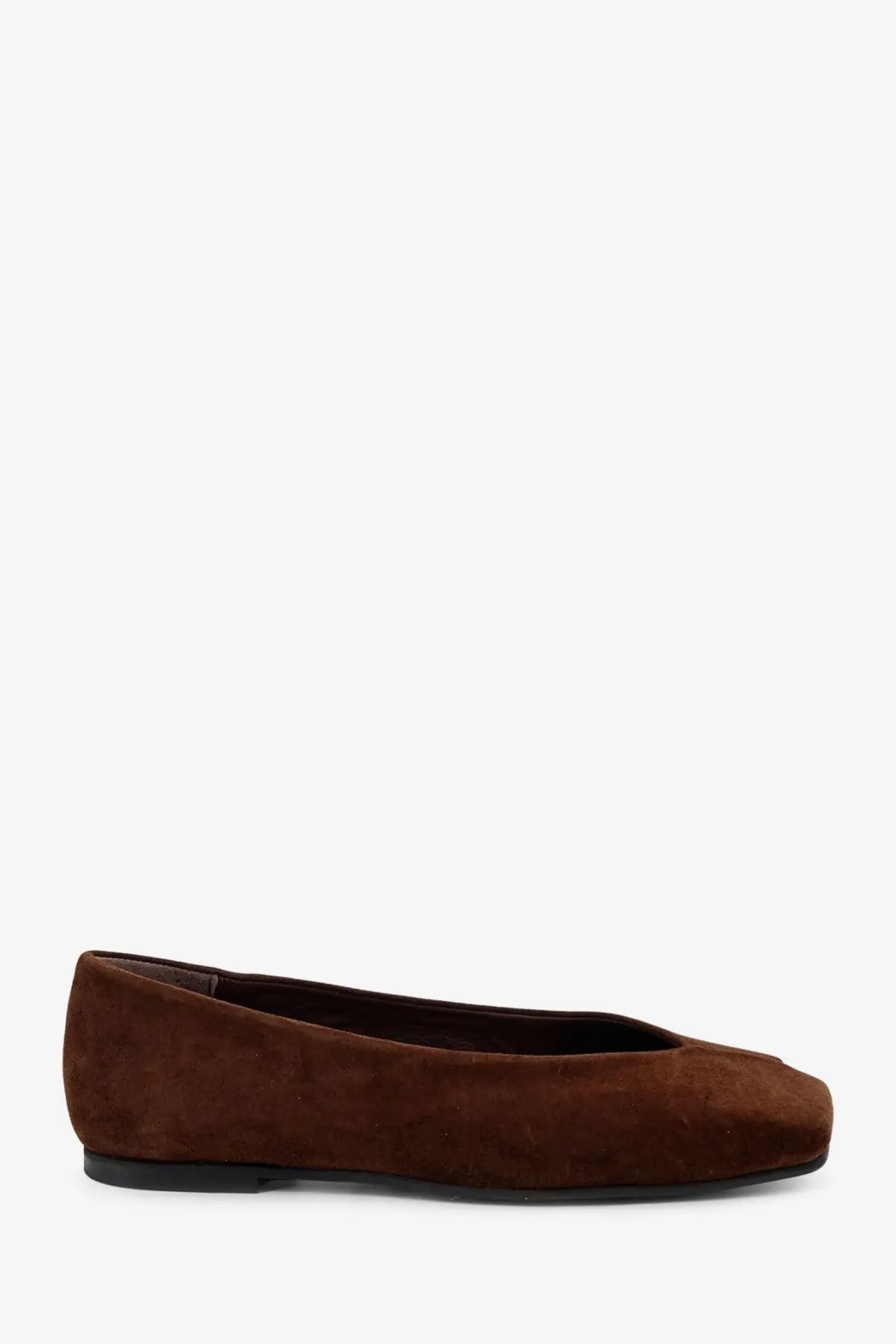 Alohas women’s Katia suede ballerina in brown with a black rubber sole for comfortable casual wear