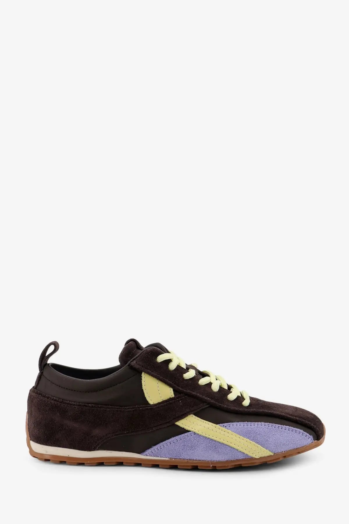 Alohas women’s leather and suede sneaker in dark brown with vibrant yellow and lavender panels and a low-top design